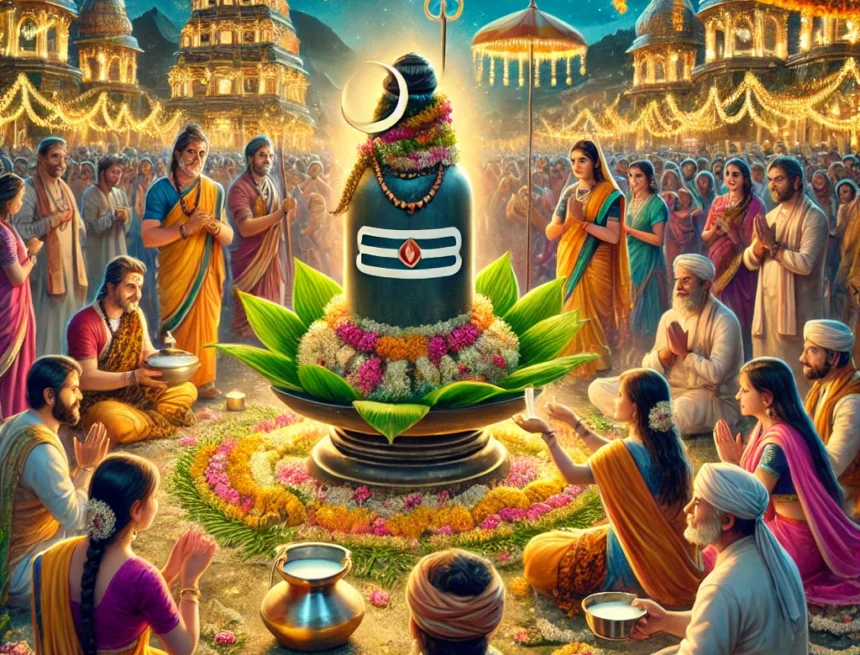 image_depicts_a_vibrant_scene_at_a_Hindu_festival_dedicated_to_Lord_Shiva Hindu festival, Lord Shiva, Shiva Lingam, devotees, traditional attire, Indian culture, religious celebration, night sky, festive lights, Festivals of Lord Shiva