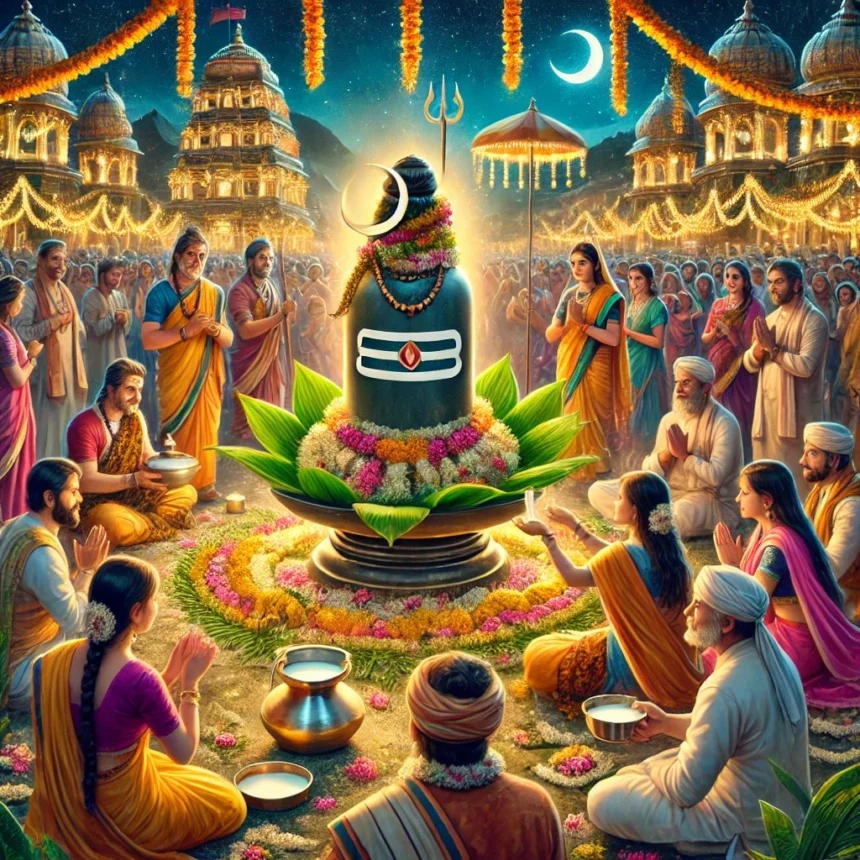 Hindu festival, Lord Shiva, Shiva Lingam, devotees, traditional attire, Indian culture, religious celebration, night sky, festive lights, Festivals of Lord Shiva