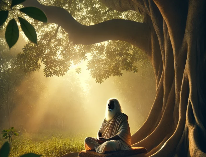 image_features_a_serene_and_thoughtful_sage_sitting_under_a_large,_ancient_tree_in_a_tranquil_forest_setting sage, meditation, forest, tranquility, Bhagwan Dattatreya, spiritual, nature, ancient tree, golden light, Indian attire, Dattatreya's Learnings