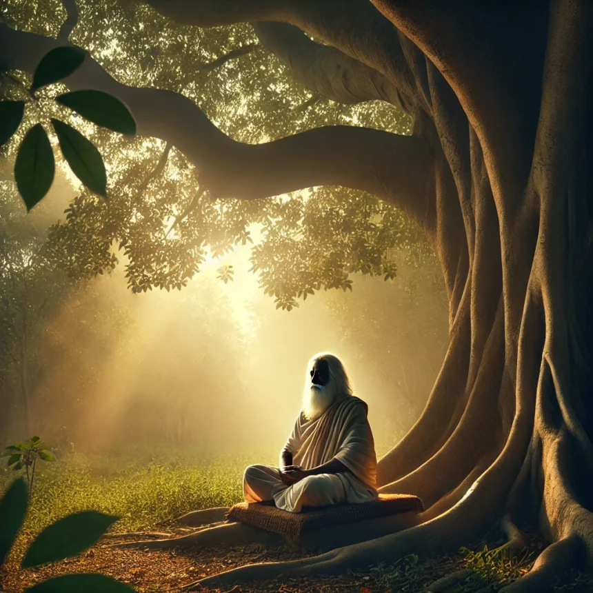 sage, meditation, forest, tranquility, Bhagwan Dattatreya, spiritual, nature, ancient tree, golden light, Indian attire, Dattatreya's Learnings