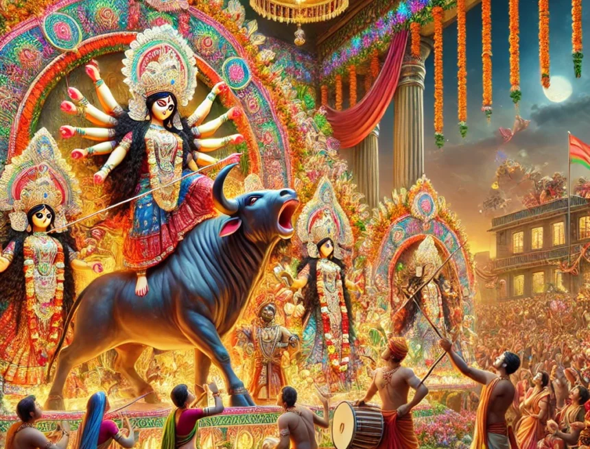 Durga Puja, Goddess Durga, Hindu festival, cultural celebration, devotional scene, traditional attire, religious ceremony, festive decoration, spiritual gathering