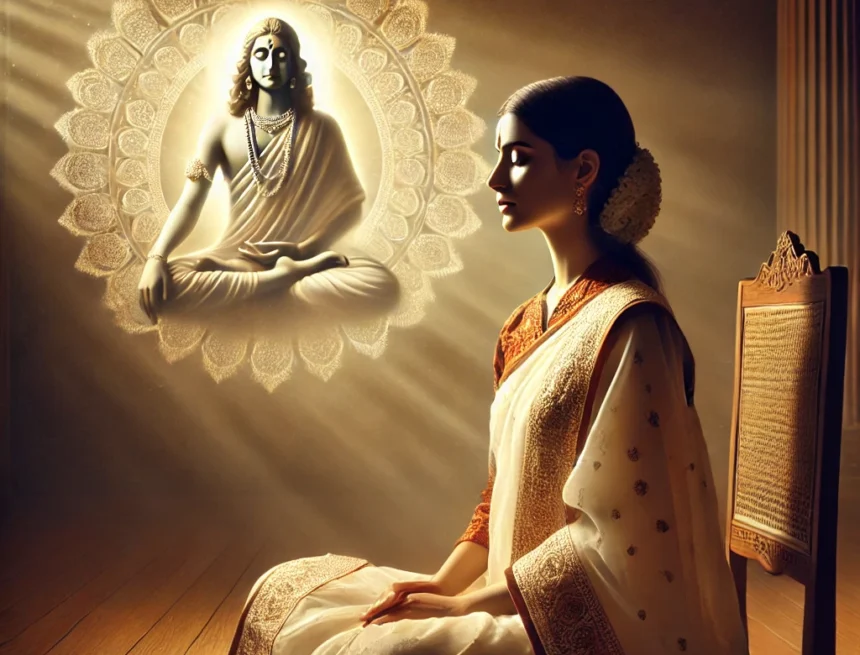 image_portrays_Pingla_in_a_serene_and_reflective_pose_seated_in_traditional_Indian_attire Pingla, Dattatreya, spiritual awakening, divine guidance, Indian tradition, Dattatreya's Wisdom from Pingla, Dattatreya's Pansophy from Pingla