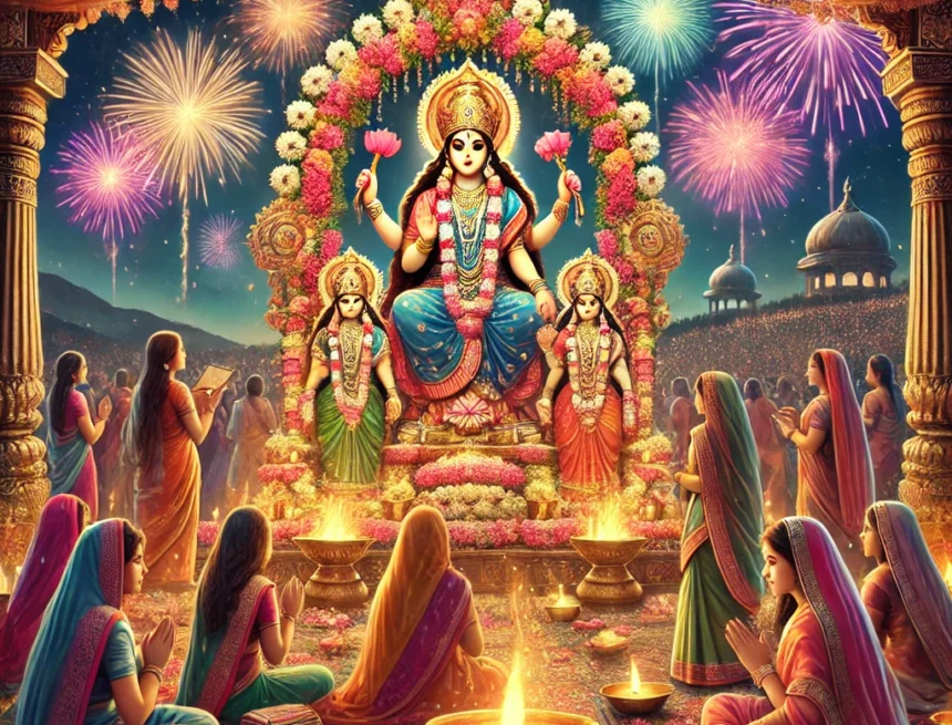 image_portrays_a_vibrant_community_gathering_at_a_Hindu_festival_dedicated_to_female_deities Hindu festival, female deities, Goddess Lakshmi, cultural celebration, traditional attire, fireworks, night scene, community gathering, oil lamps, colorful lights