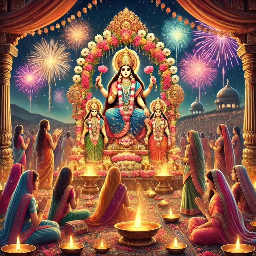 Hindu festival, female deities, Goddess Lakshmi, cultural celebration, traditional attire, fireworks, night scene, community gathering, oil lamps, colorful lights