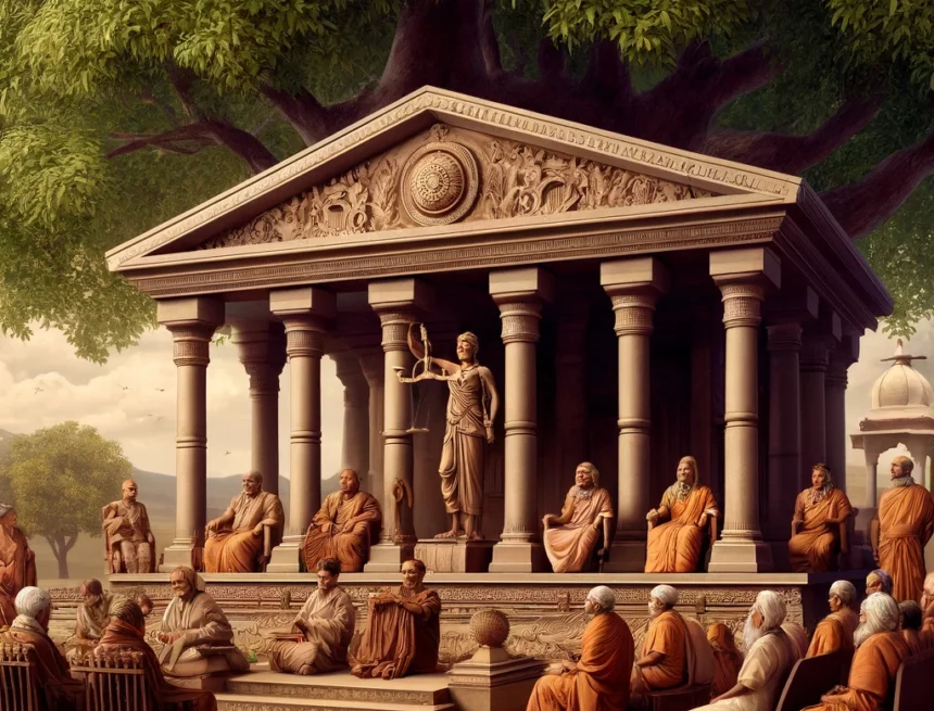 image_represent_an_ancient_Indian_courtroom_scene_depicting_a_traditional_setting_with_cultural_and_historical_elements ancient Indian courtroom, Indian king, traditional Indian architecture, historical Indian attire, Indian legal system, court officials, ancient justice, cultural heritage, Manusmriti Legal System Insights