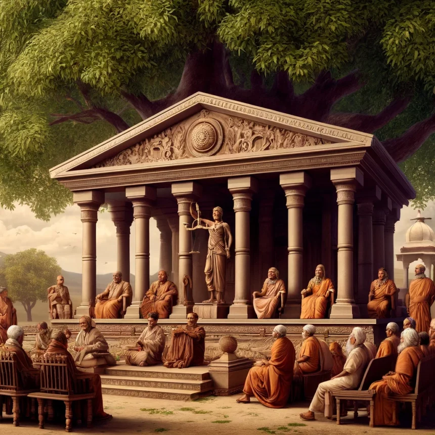 ancient Indian courtroom, Indian king, traditional Indian architecture, historical Indian attire, Indian legal system, court officials, ancient justice, cultural heritage, Manusmriti Legal System Insights