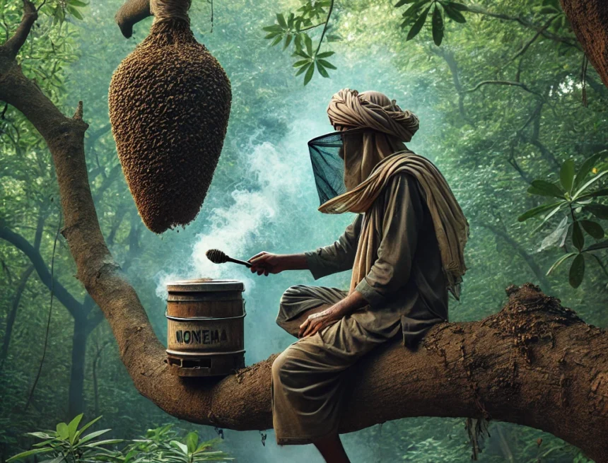 traditional honey collector, Madhuha, Indian beekeeper, natural beehive, honey harvesting, tree branch, smoke method, beekeeping in India, traditional practices, nature, Dattatreya and Guru Madhuha