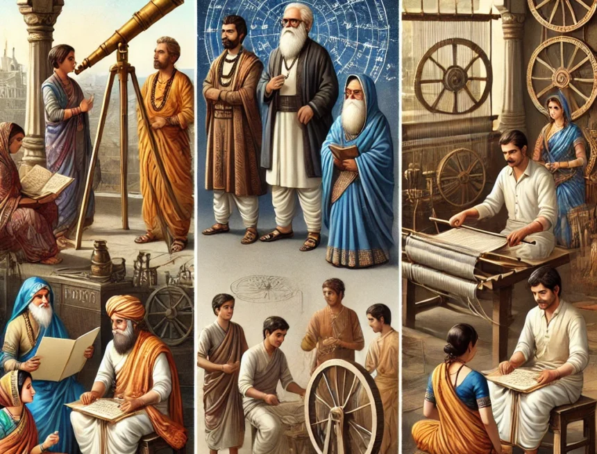 image_showing_groups_of_ancient_Indian_professionals_in_traditional_attire_astronomers_a_teacher_with_students_weaver ancient Indian astronomers, traditional Indian teacher, Indian students, ancient weavers, historical Indian setting, traditional attire, educational scene, textile production, celestial observation, cultural heritage,, Manusmriti Varna Determination: