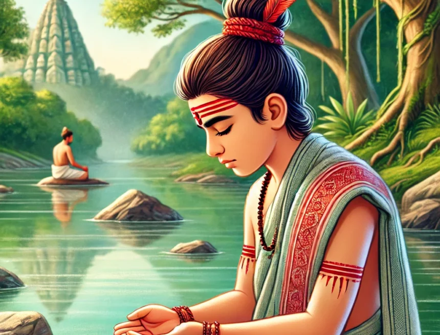 image_shows_a_young_student_in_traditional_Indian_attire_by_a_river_engaged_in_a_ritual_of_purification traditional Indian ritual, student, purification, angaraag, riverbank, serene, spiritual cleansing, Manusmriti Ritual Purity Insights