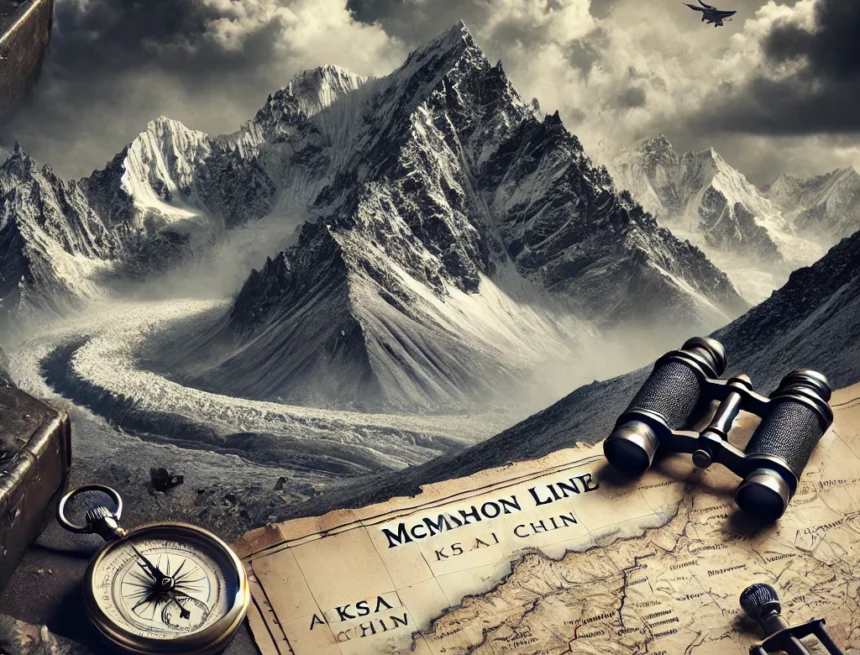 Himalayas, McMahon Line, Aksai Chin, military history, strategic planning, old map, compasses, binoculars, India-China border, conflict landscape