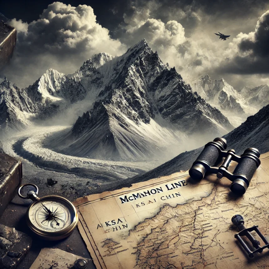 Himalayas, McMahon Line, Aksai Chin, military history, strategic planning, old map, compasses, binoculars, India-China border, conflict landscape