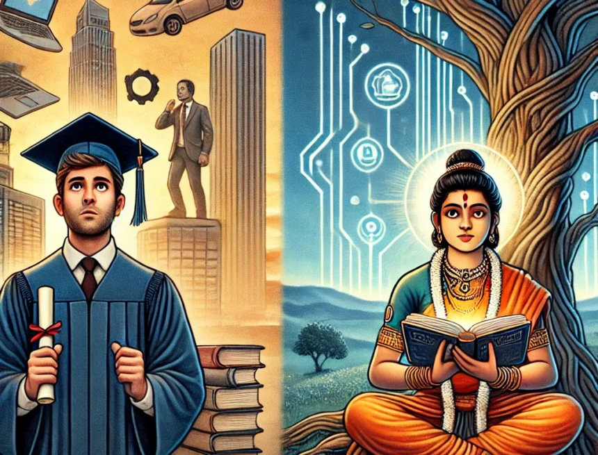 image_vividly_contrasts_the_outcomes_of_Western_and_Indian_education_systems A Tale of Two Educations: Contrasting the modern, fast-paced learning environment of the West with the tranquil, wisdom-oriented approach of traditional Indian education. Manusmriti Life Stages Exploration, Manusmriti Spiritual Guidance