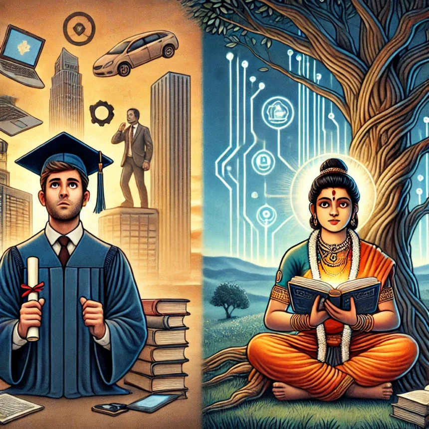 A Tale of Two Educations: Contrasting the modern, fast-paced learning environment of the West with the tranquil, wisdom-oriented approach of traditional Indian education. Manusmriti Life Stages Exploration, Manusmriti Spiritual Guidance