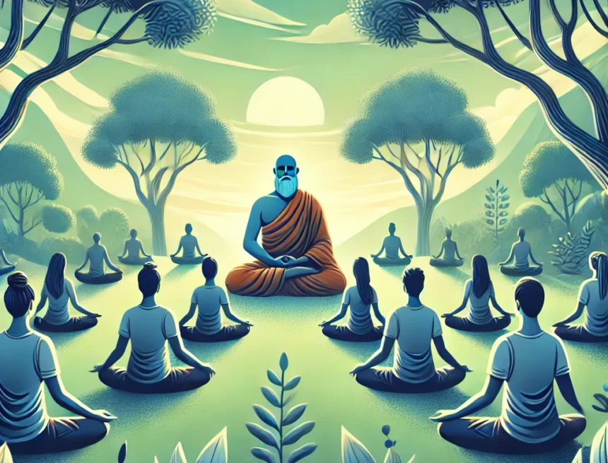 outdoor_setting_depicting_a_group_meditation_led_by_a_guru yoga, meditation, guru, tranquility, spiritual, nature, mindfulness, Yoga Rupe Vritti