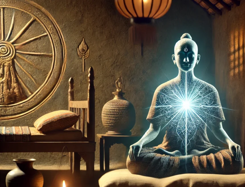 serene_and_reflective_scene_depicting_Pingla_sitting_on_a_simple_bed_in_a_dimly_lit_room spirituality, Pingla, Dattatreya teachings, self-realization, divine light, Dattatreya's Wisdom from Pingla