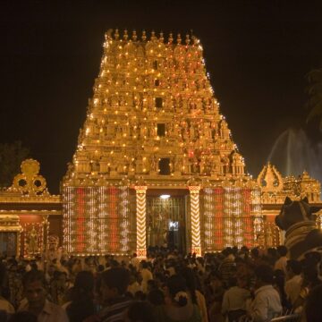 Temple festival, Diwali, lights, celebration, devotees, South Indian temple, religious event