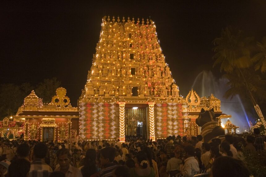 Temple festival, Diwali, lights, celebration, devotees, South Indian temple, religious event