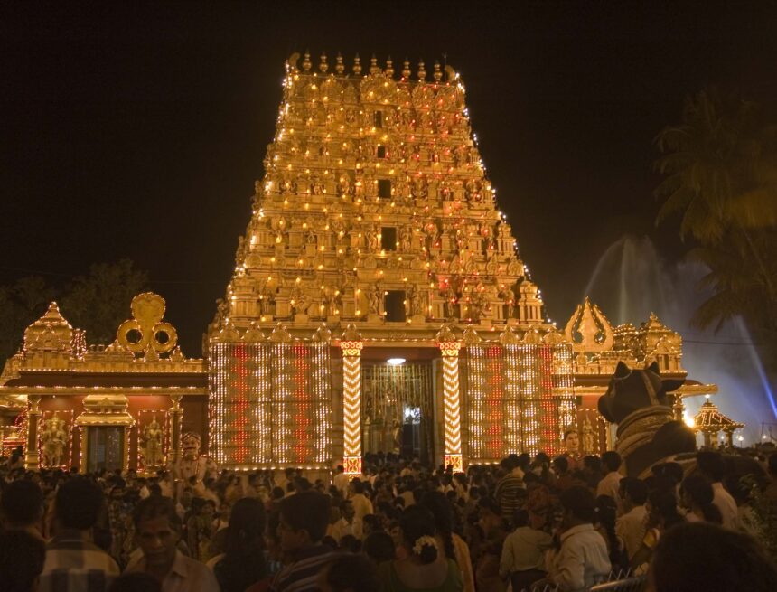 Temple festival, Diwali, lights, celebration, devotees, South Indian temple, religious event