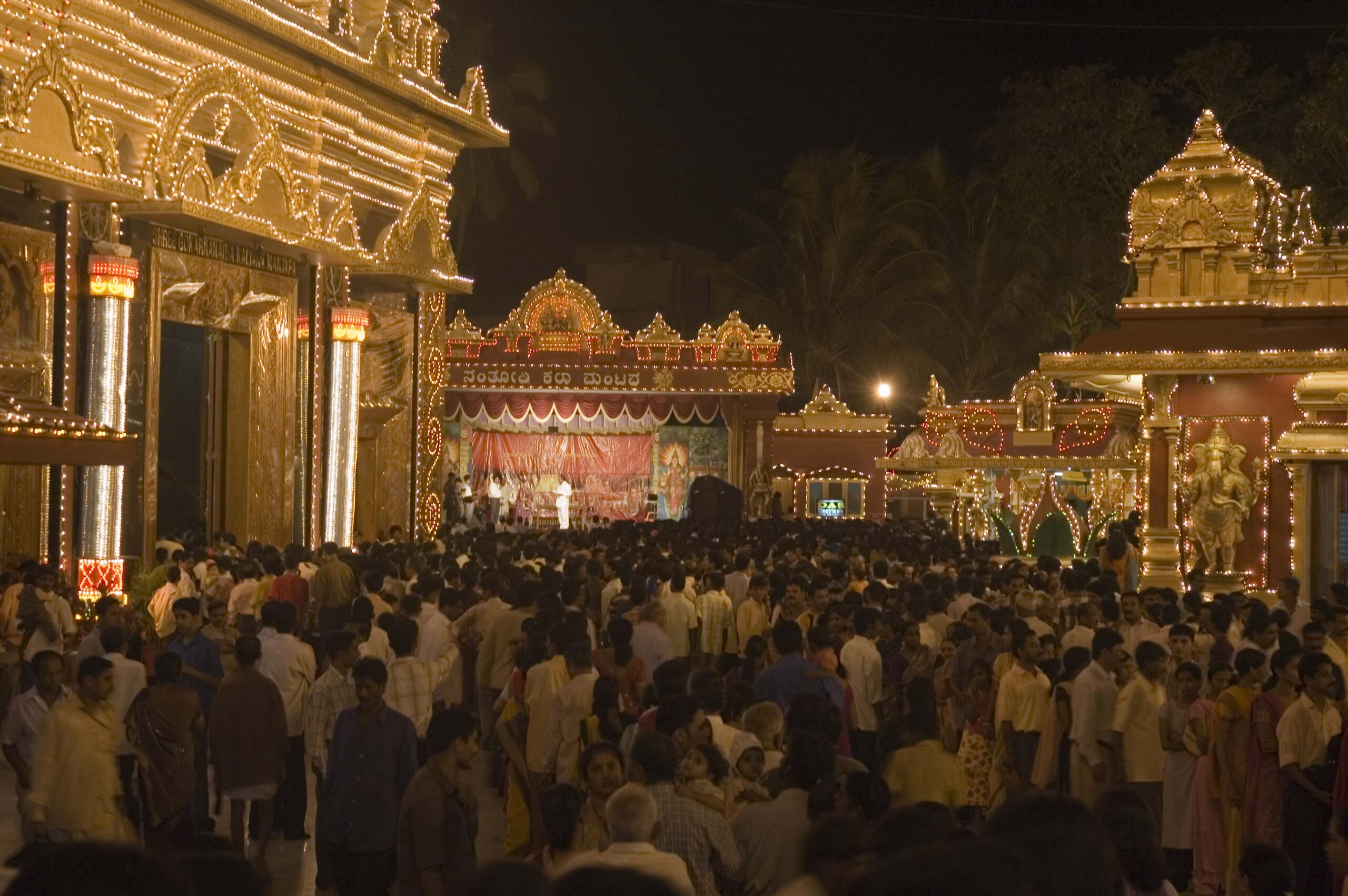 festival, crowd, India, celebration, night, cultural event, religious gathering, illuminated decorations, traditional attire