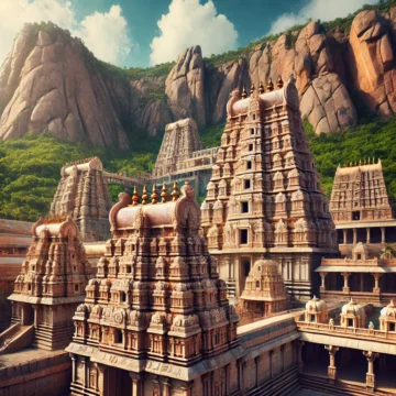 Lord Venkateswara Temple, Tirumala, Dravidian architecture, sacred hills, blue sky, stone carvings, gopurams, pilgrims, spiritual site, ancient temple