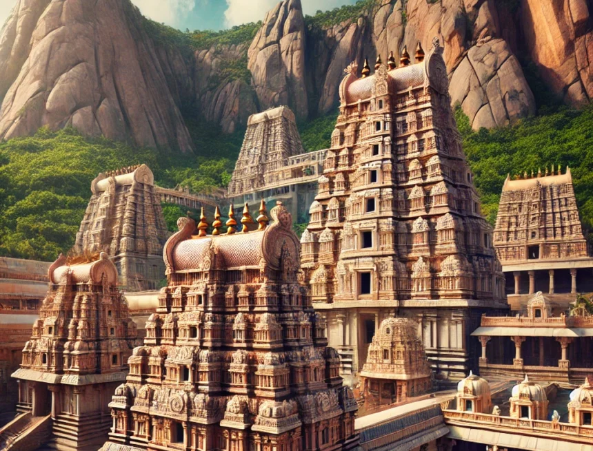 A majestic view of the Lord Venkateswara Temple at Tirumala showcasing its Dravidian architecture with grand gopurams and intricate stone carvings Lord Venkateswara Temple, Tirumala, Dravidian architecture, sacred hills, blue sky, stone carvings, gopurams, pilgrims, spiritual site, ancient temple