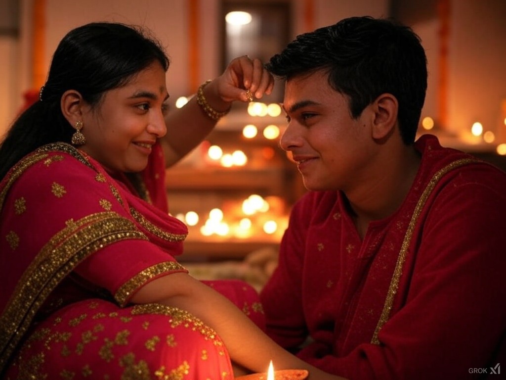 Bhai Dooj, Indian festival, brother and sister, traditional attire, Diwali lights, familial love, cultural celebration, tilak ceremony, festive mood, Indian tradition, Diwali Celebrations