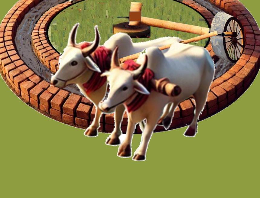Final grinder ancient India, mortar grinding, bullock grinder, Indian agriculture, rural India, traditional tools, sustainable farming, bulls with yoke, grain grinding, Indian culture, village traditions, heritage tools, circular grinder, bullock-powered system, Indian history, Vedic Science Building
