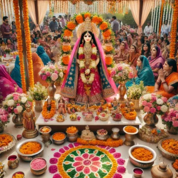 Sita Navami, Hindu festival, Indian culture, traditional attire, religious celebration, puja, rangoli, flower garlands, devotees, Sita Mata, Sita Maa