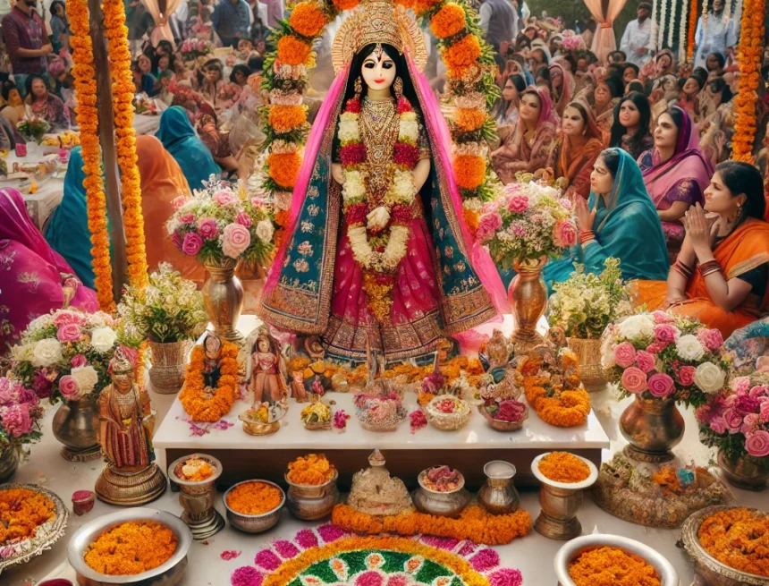Sita Navami, Hindu festival, Indian culture, traditional attire, religious celebration, puja, rangoli, flower garlands, devotees, Sita Mata, Sita Maa