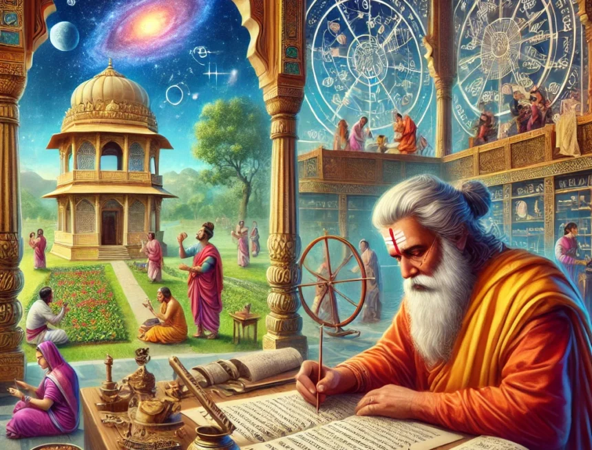 ancient Indian scholar resembling Kautilya in a library- elements from various fields astronomy mathematics agriculture, and medicine Kautilya, ancient India, library, Arthashastra, astronomy, mathematics, agriculture, medicine, Indian architecture, scholarly activity