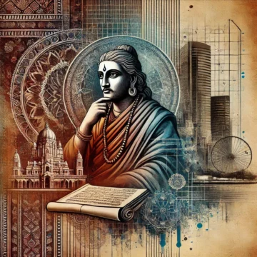 Kautilya, Arthashastra, ancient philosophy, modern skyline, traditional Indian attire, digital art, ancient and modern, Indian patterns, cultural fusion, strategic governance, Kautilya's Enduring Legacy