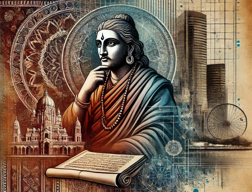 digital artwork image artistically combines ancient and modern themes featuring Kautilya in traditional Indian attire Kautilya, Arthashastra, ancient philosophy, modern skyline, traditional Indian attire, digital art, ancient and modern, Indian patterns, cultural fusion, strategic governance, Kautilya's Enduring Legacy