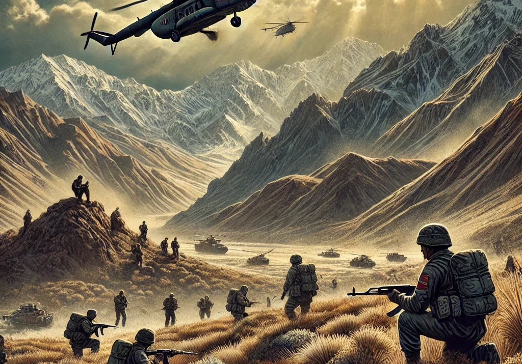 Afghanistan-Soviet War, Cold War, Soviet troops, military conflict, rugged terrain, helicopters, war scene