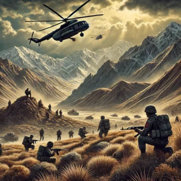 Afghanistan-Soviet War, Cold War, Soviet troops, military conflict, rugged terrain, helicopters, war scene