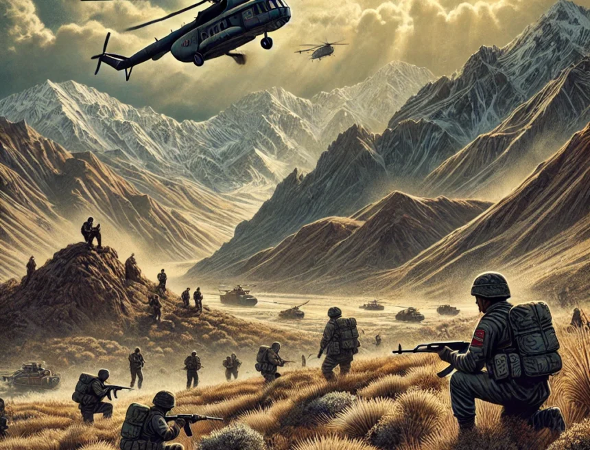 Afghanistan-Soviet War, Cold War, Soviet troops, military conflict, rugged terrain, helicopters, war scene