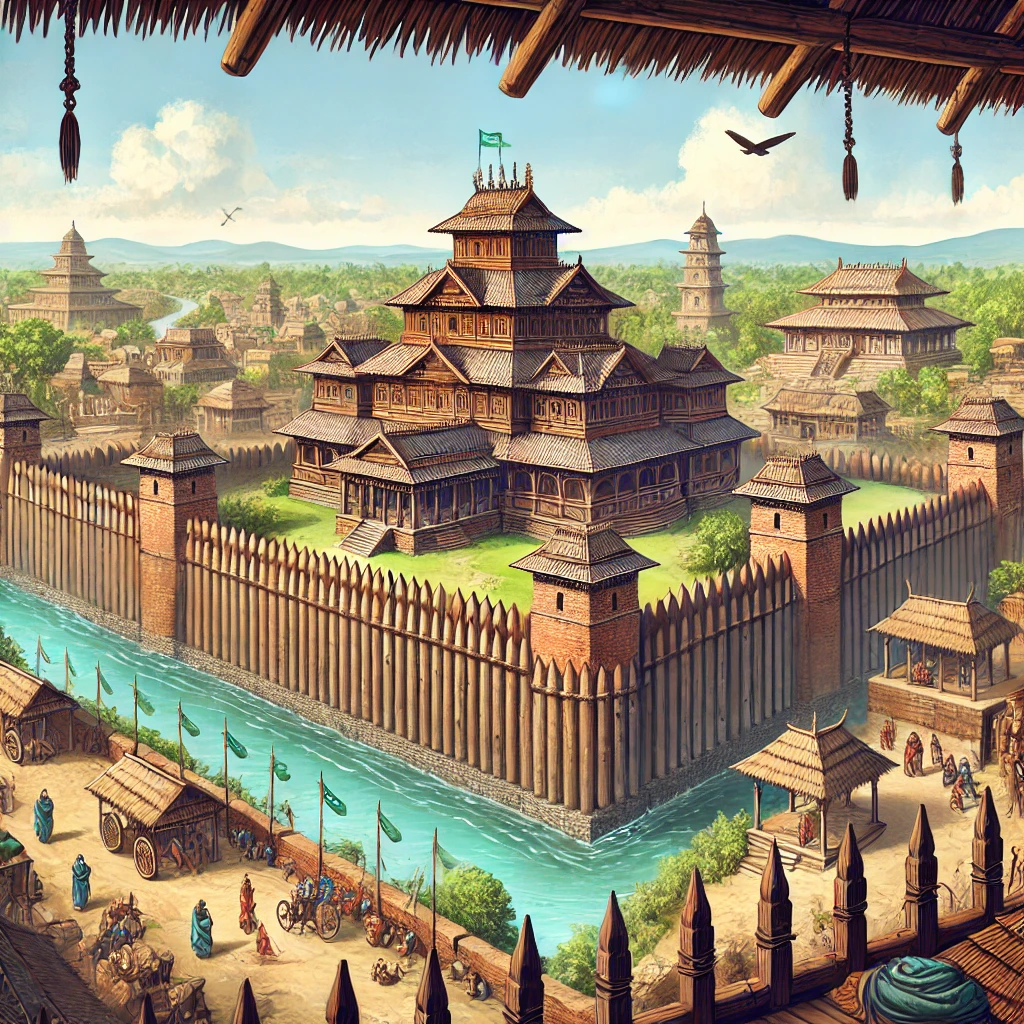 ancient Pataliputra, Mauryan Empire, Indian history, ancient city, royal palace, fortified city, wooden architecture, historical India, Ganges River, ancient civilization, Indian heritage, palisade walls, marketplace, Indian kings, Chandragupta Maurya, cityscape, 