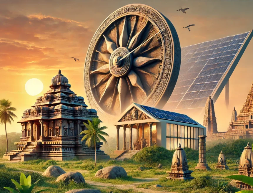digital illustration representing the blend of ancient Vedic architectural marvels and modern sustainable design Vedic architecture, Sun Temple Konark, Brihadeeswarar Temple, sustainable architecture, ancient Indian temples, eco-friendly design, Kailasa Temple Ellora, heritage monuments, green building, Indian history