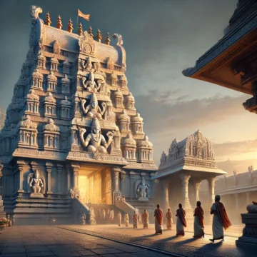 Lord Venkatesha Temple, Hindu architecture, temple entrance, spiritual artwork, religious sanctuary, divine light, intricate carvings, sacred space