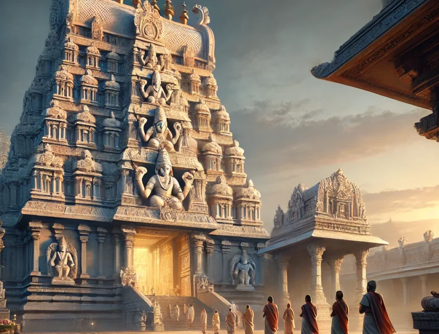 Lord Venkatesha Temple, Hindu architecture, temple entrance, spiritual artwork, religious sanctuary, divine light, intricate carvings, sacred space