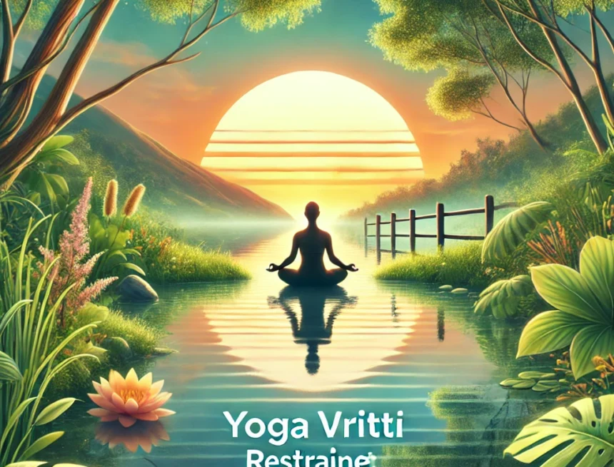 digital image created for your blog about mastering mindful discipline through the Yoga Vritti Restraint Method yoga, meditation, tranquility, serene, sunset, nature, mindfulness, reflection, mental clarity, Yoga Vritti Restraint Method