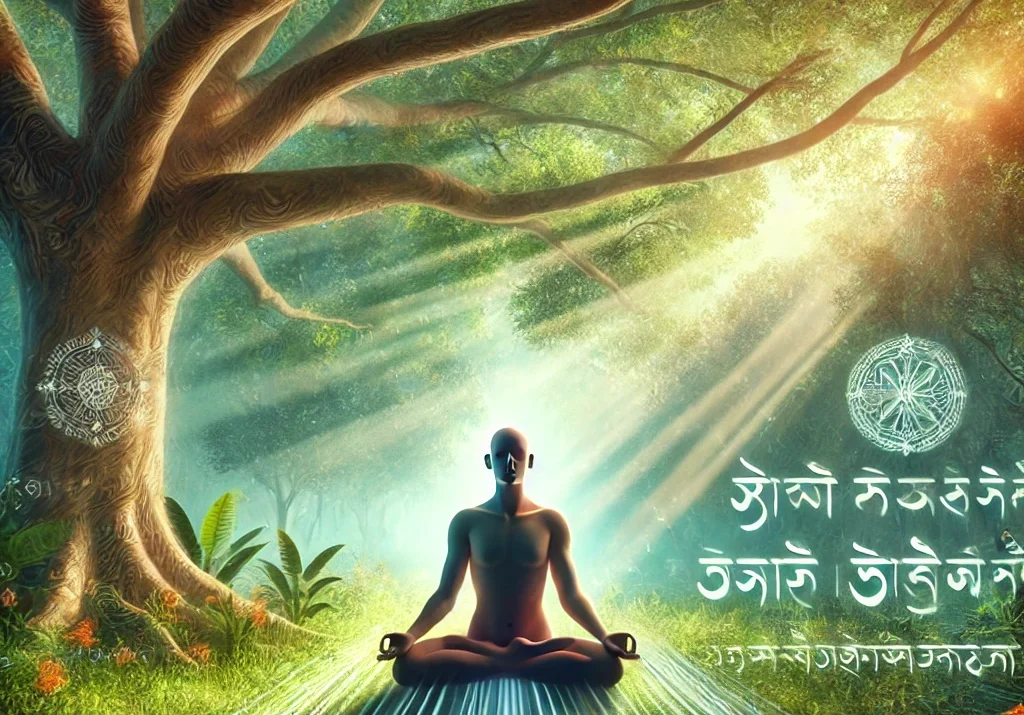 meditation, tranquil forest, Yoga Sutras, serene, mindfulness, Sanskrit symbols, nature, spiritual practice, calm, Yoga Sutra Practice Non-Attachment