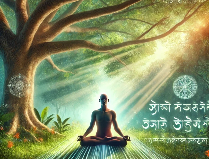 digital image created for your blog, which visually represents the serene practice of meditation in a tranquil forest setting meditation, tranquil forest, Yoga Sutras, serene, mindfulness, Sanskrit symbols, nature, spiritual practice, calm, Yoga Sutra Practice Non-Attachment