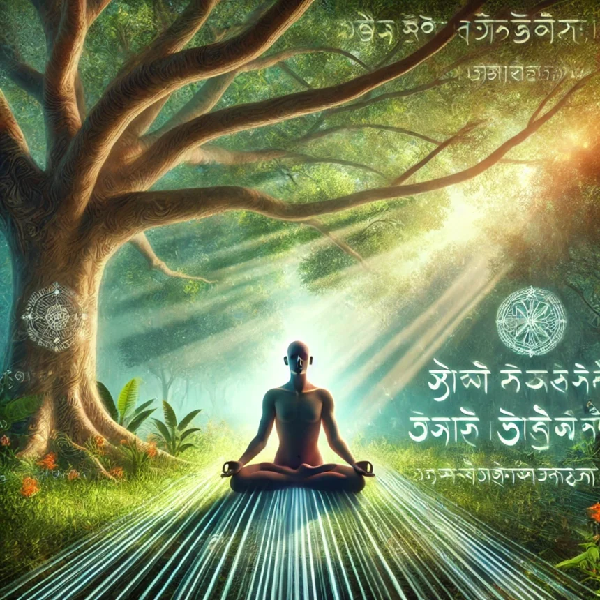 meditation, tranquil forest, Yoga Sutras, serene, mindfulness, Sanskrit symbols, nature, spiritual practice, calm, Yoga Sutra Practice Non-Attachment