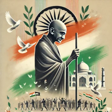 Mahatma Gandhi, nonviolence, peace, Indian independence, Satyagraha, Gandhi leadership, Indian flag, peace symbols, Gandhi legacy, reflection