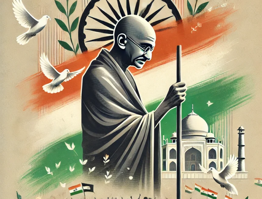 digital image depicting Mahatma Gandhi in a reflective pose, surrounded by symbols of peace and moments from his leadership Mahatma Gandhi, nonviolence, peace, Indian independence, Satyagraha, Gandhi leadership, Indian flag, peace symbols, Gandhi legacy, reflection