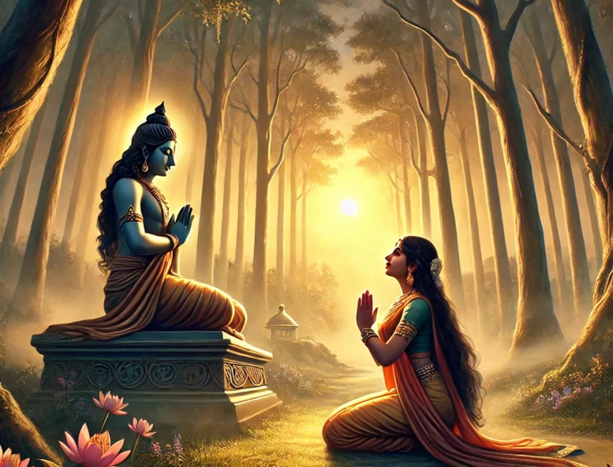 digital image depicting Pingla submitting to the Lord in a forest setting at dawn Hindu mythology, spiritual enlightenment, morning prayer, forest, devotion, traditional attire, serene, dawn, humility