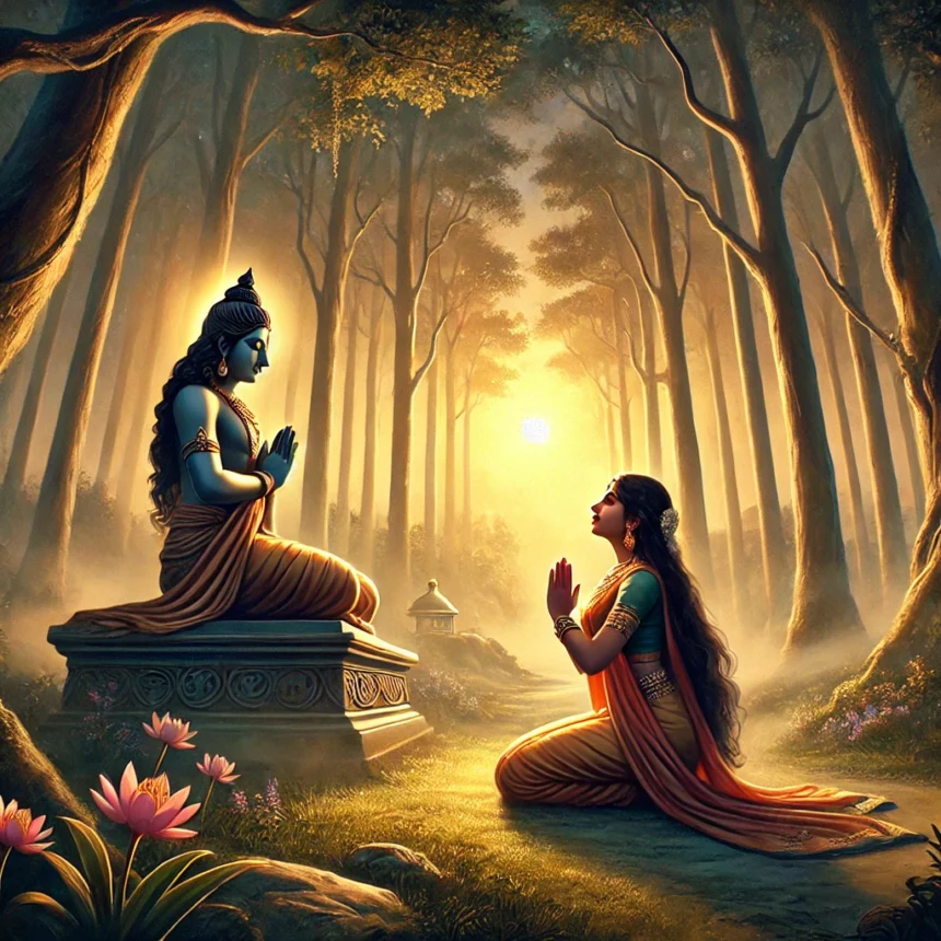 Hindu mythology, spiritual enlightenment, morning prayer, forest, devotion, traditional attire, serene, dawn, humility