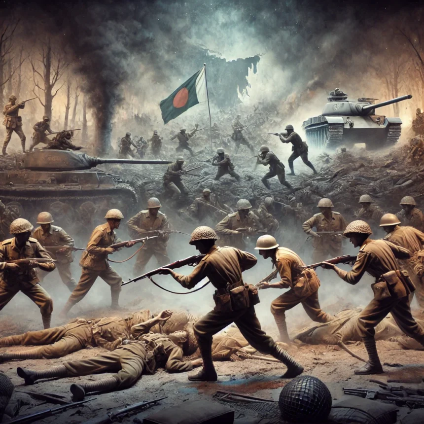 1971 Indo-Pakistani War, Indian soldiers, Pakistani soldiers, battlefield, military uniforms, smoke, debris, creation of Bangladesh, war scene, India-Pakistan