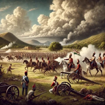 Third Anglo-Maratha War, British soldiers, Maratha cavalry, Pune battlefield, historical battle, military uniforms, 19th-century warfare, British artillery, Maratha warriors, intense combat, Maratha Empire Decline