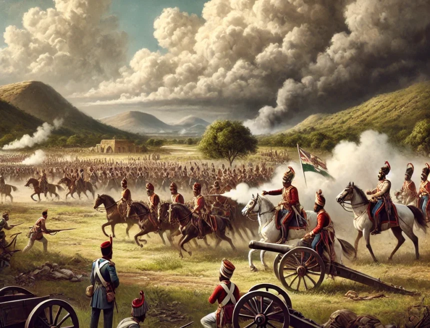digital image depicting a historical scene from the Third Anglo-Maratha War featuring British and Maratha soldiers in combat Third Anglo-Maratha War, British soldiers, Maratha cavalry, Pune battlefield, historical battle, military uniforms, 19th-century warfare, British artillery, Maratha warriors, intense combat, Maratha Empire Decline